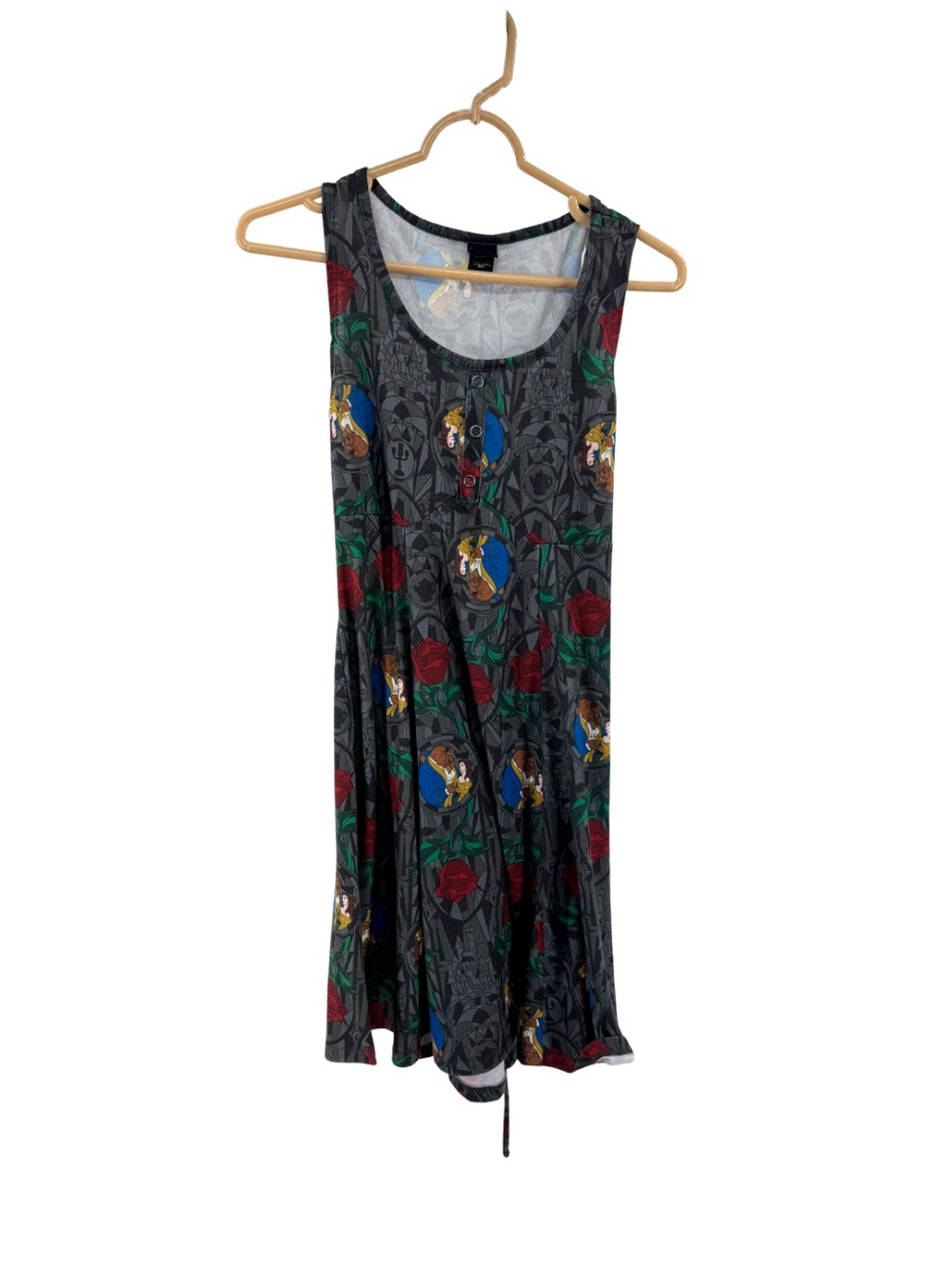 Disney Beauty and the Beast sleeveless M tie back all over print dress Vacation